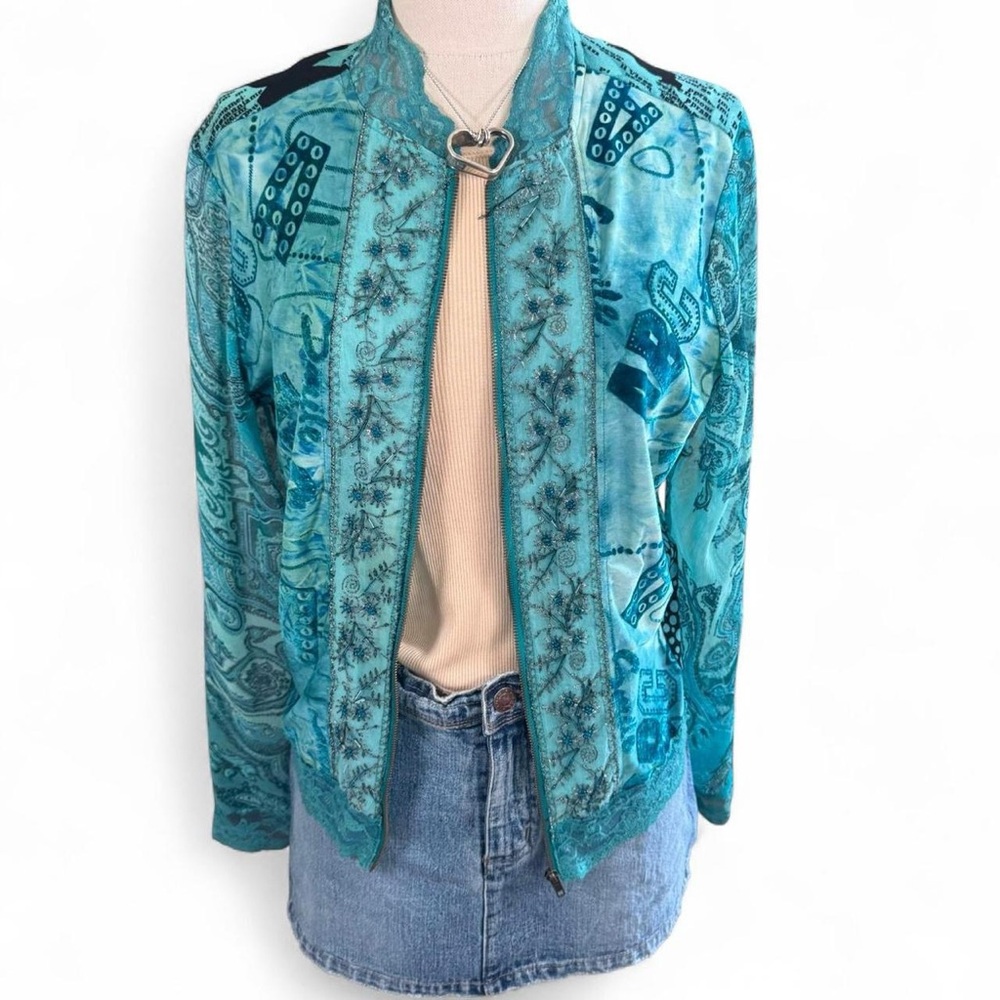 Vibrant Teal Patterned Women's Sheer Jacket With Velvet and Floral Designs